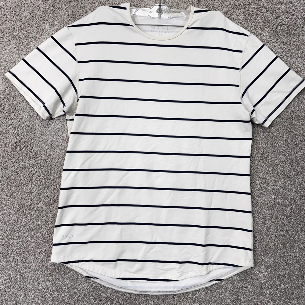 BYLT T-Shirt Mens L Drop Cut S/S Lux White Navy Striped EUC